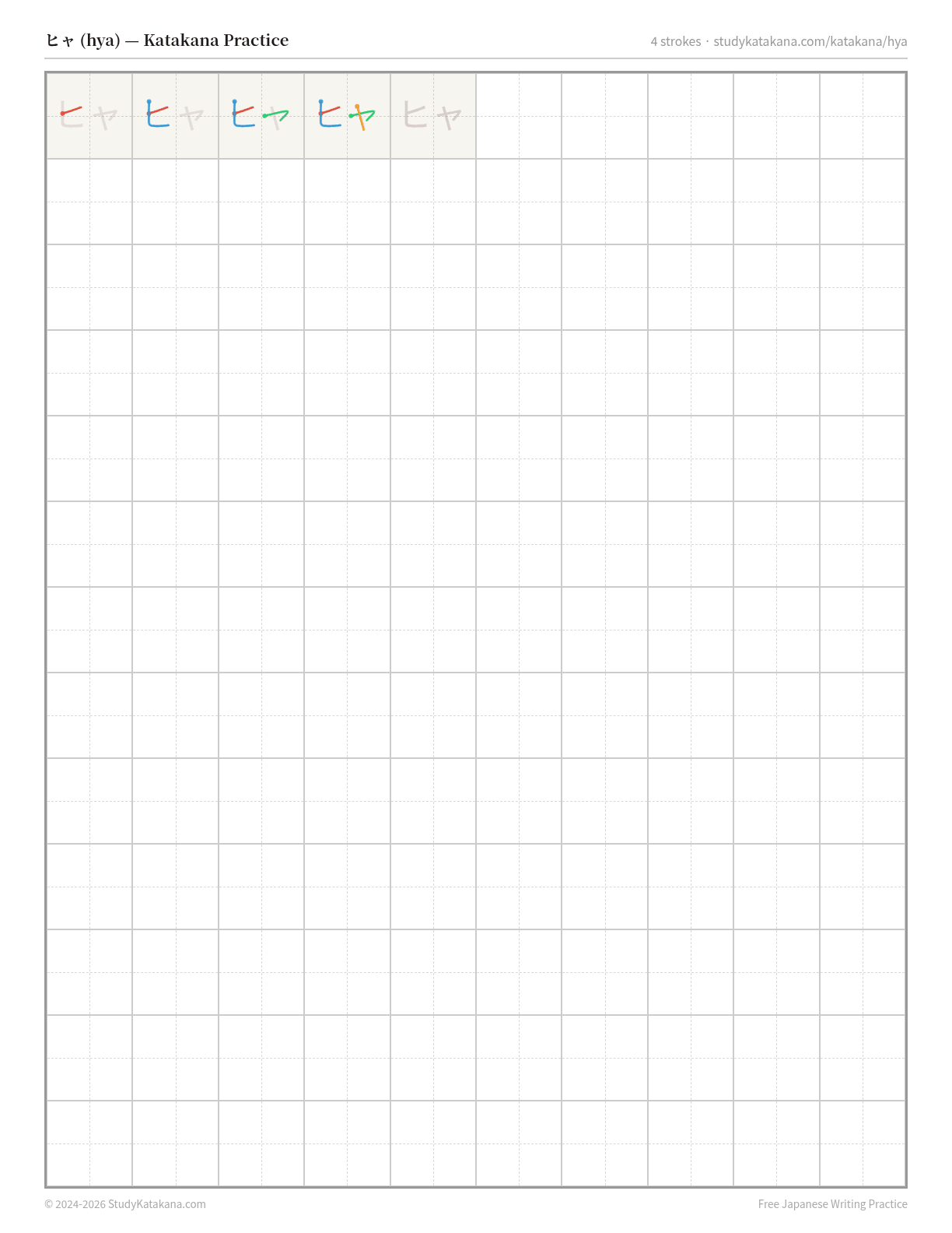 Printable katakana practice sheet for ヒャ (hya) — trace the stroke order, then fill the grid