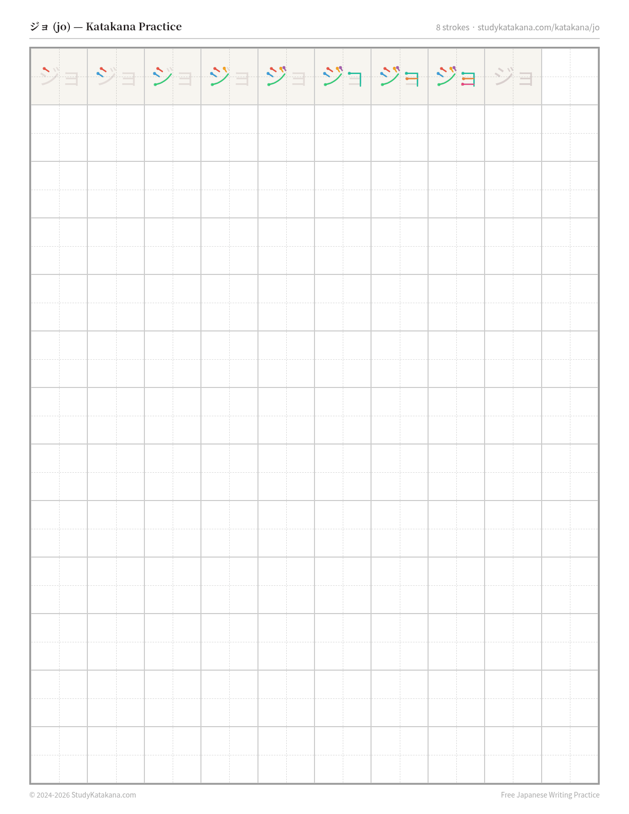 Printable katakana practice sheet for ジョ (jo) — trace the stroke order, then fill the grid