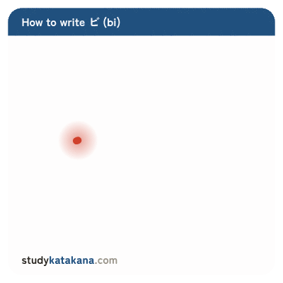 Animated stroke order for katakana ビ — four strokes in sequence